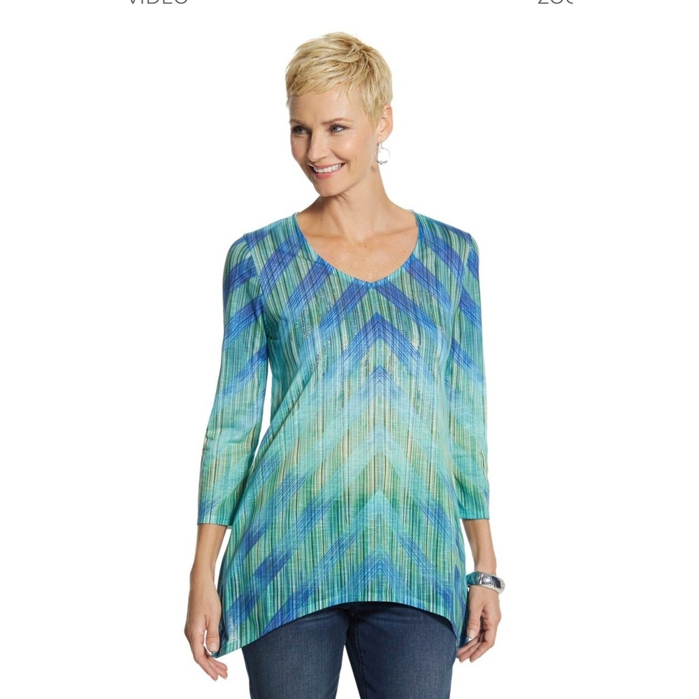 Chicos Sally Ombre LAGENLOOK Knit Blue Green Asymmetrical 3/4 Sleeve Top Med
